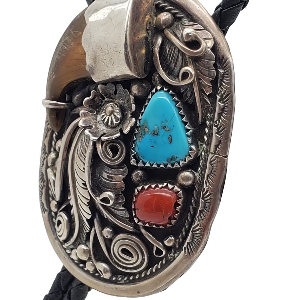 Navajo Sterling Silver Bolo Tie Turquoise Coral Native American Verdy‎ Jake SW